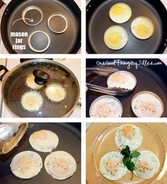 four pictures show eggs being cooked in pans and frying on an iron skillet