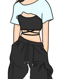 a drawing of a woman wearing black pants and a cropped top with her hands on her hips