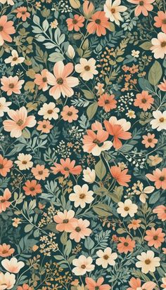 a floral wallpaper pattern with orange and white flowers on dark green background, suitable for use in interior or exterior decor