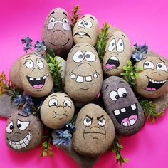 some rocks with faces painted on them and plants growing out of them, in front of a pink background