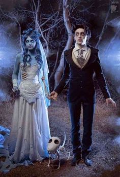 a couple dressed up as corpse bride and groom