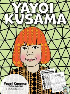 a woman with red hair holding a piece of paper in front of her face and the words yayoi kusama on it