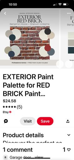 an iphone screen showing the interior paint palette for red brick paint, which is on sale