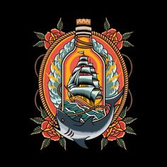 an image of a ship in a bottle with roses and leaves around it on a black background