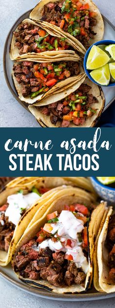 steak tacos on a plate with lime wedges