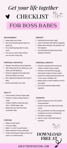 Get your life together checklist for boss babes, Simple, minimal, aesthetic) /  that girl checklist, change your life, reinvent yourself checklist, get your life together, aesthetic checklist, how to stay organized, organize your home, goals, clean girl aesthetic, that girl morning routine, that girl night routine, gratitude, manifestation Life Together Aesthetic, Get Your Life Together Checklist, Aesthetic Checklist, Together Aesthetic, Free Habit Tracker, Fonts Simple, Gratitude Manifestation, Printable Habit Tracker, Get Your Life Together