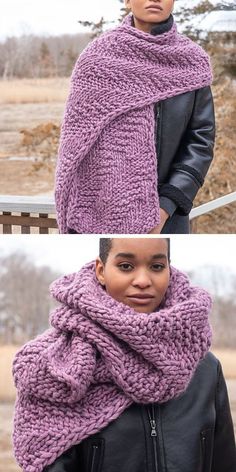 two pictures of a woman wearing a purple scarf