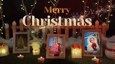 a christmas card with candles and pictures on it