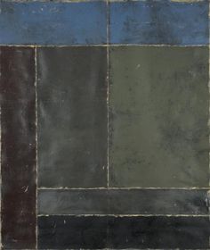 an abstract painting with different colors and lines on the surface, including blue, green, brown