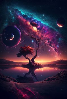 an image of a tree and planets in the sky