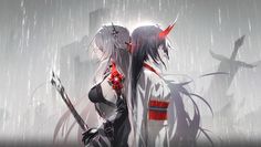 two anime characters standing in the rain with their backs to each other and holding swords