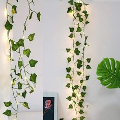 a plant with green leaves hanging from it's sides next to a painting on the wall