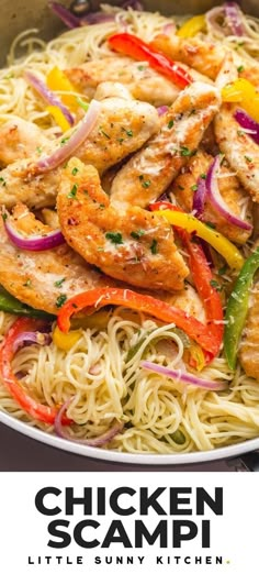 chicken scampi with peppers and onions in a skillet