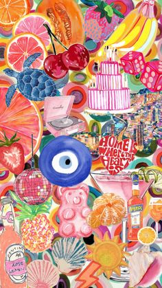 a painting with many different types of food on it