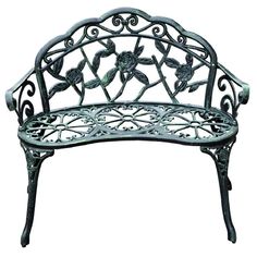 an iron bench with flowers on the back and arms, isolated against a white background