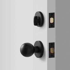 two black knobs on the side of a white and gray door with brass handles