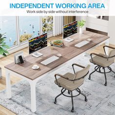 an office desk with two chairs in front of it and the words independent working area