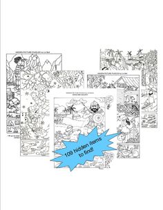 four different coloring pages with the title's in blue