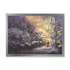 a painting of a person walking down a snowy path at night with lights on trees and buildings in the background