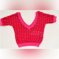 This Cute Crop Sweater Top Red/Hot Pink Hue, Open Wave Stitch, Double-Vee Back & Front Rub Trim. Trendy Pink Pointelle Knit Top, Trendy Pink Open Knit Sweater, Pink V-neck Open Knit Sweater, Winter Pink Open Knit Top, Pink Knit Sweater For Summer, Summer Pink Knit Sweater, Red Long Sleeve Open Knit Tops, Trendy Pink Knit Crochet Top, Trendy Pink Crochet Knit Top