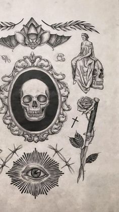 an old school tattoo design with skulls and roses