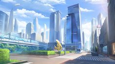 an animated cityscape with skyscrapers and cars