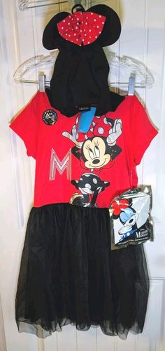 Disney Minnie Mouse Black/Red Dress Sparkling Skirt Size 18 XXL 4 Extra Bows. Condition is New with tags. Shipped with USPS Ground Advantage. Sparkling Skirt, Red Black Dress, Sparkle Skirt, Theatre Costumes, Girl Costumes, Red Dress, Black Red, Minnie Mouse, Black And Red