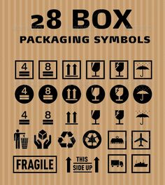 the 28 box packaging symbols are shown in black and white on a brown striped background