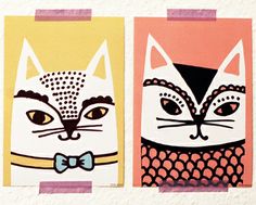 three cards with cats in different colors and patterns, one has a bow tie on it