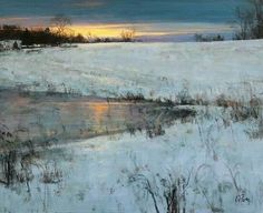 an oil painting of a snowy landscape with trees and water in the foreground at sunset