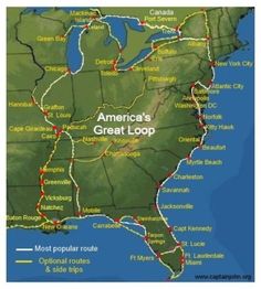 a map of the united states with roads labeled in red and green, along with words that read america's great loop