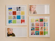 three pictures are hanging on the wall with different colors and shapes in them, including one baby's face