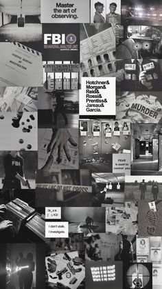 a collage of black and white images with words on them