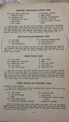 the menu for harvey's chocolate layer cake