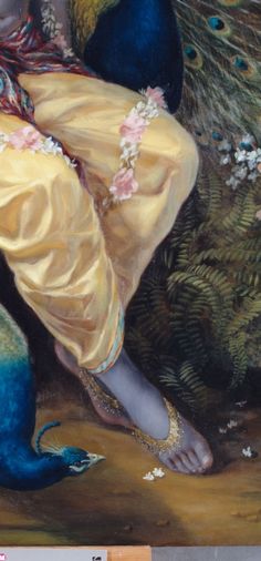 a painting of a woman sitting on the ground with a peacock in front of her