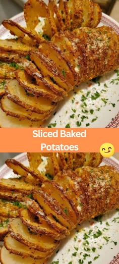 sliced baked potatoes on a plate with parsley