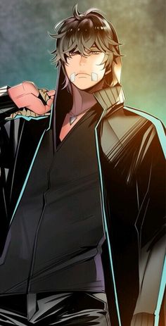 an anime character with long hair and black clothes, holding his jacket over his shoulder