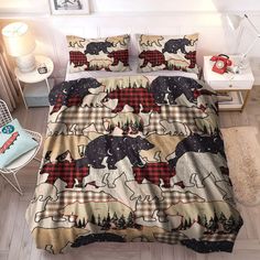 a bed with bears and pine trees printed on the comforter, next to a chair