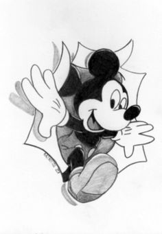 a drawing of mickey mouse flying through the air