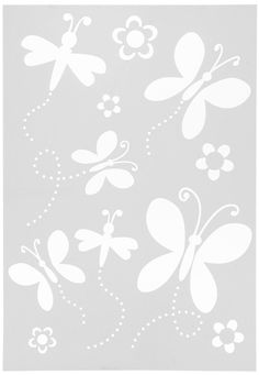 white butterflies and flowers stencils on a light blue background, set of 6