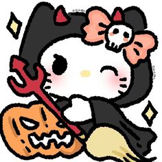 a hello kitty holding a pumpkin with her head in the shape of a skull and wearing a bow