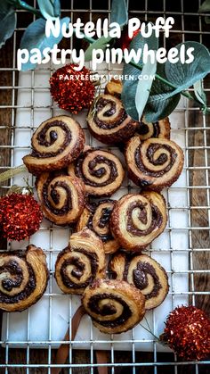 nutella puff pastry pinwheels on a cooling rack