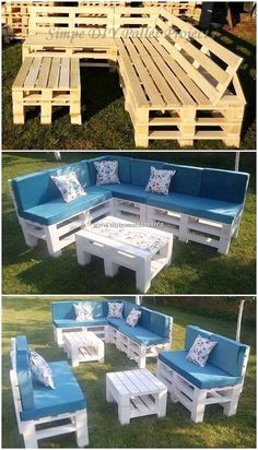 several different types of outdoor furniture made out of pallets and wood planks, with blue cushions