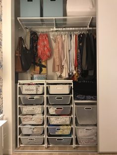 an organized closet with clothes, shoes and other items in it's bins