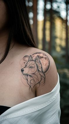 a woman with a wolf tattoo on her shoulder