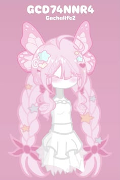 an anime character with pink hair and butterfly wings on her head, standing in front of a