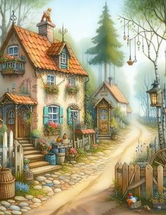 this is a painting of a house in the woods with lots of flowers on it