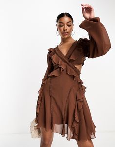 Dresses by ASOS DESIGN Low effort, high reward V-neck Volume sleeves Ruffle trim Regular fit Chocolate Brown Dress, Buy My Clothes, Skater Mini Dress, Brown Mini Dress, Brunch Dress, Mini Skater Dress, Romantic Dress, Lace Insert, Dresses To Wear To A Wedding