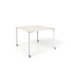 a small white table with wheels on the bottom and one leg raised up to it's side