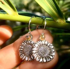 Realistic double sided silver sunflower earrings - Holiday Sale - READY FOR GIFTING 💝 FAST USPS SHIPPING!  * silver sunflower charms * elegant .925 sterling silver french hook ear wires  * iridescent yellow accent glass beads * add an adorable bee bracelet! perfect birthday or Christmas gift for flower and sunflower lovers!  Makes a sweet and original gift for her under 20 for any special occasion. Birthday, Vacation, Best friend gift! Perfect stocking stuffer for Christmas, gift for sisters, c Summer Flower Earrings In Sterling Silver For Gift, Summer Flower Sterling Silver Earrings For Gift, Sterling Silver Flower Earrings For Summer Gift, Silver Adjustable Flower Earrings For Summer, Hypoallergenic Sterling Silver Flower Earrings For Her, Sterling Silver Flower Earrings For Summer, Sunflower Design Dangle Earrings For Gift, Summer Gift Jewelry With Sunflower Design, Sunflower Design Dangle Earrings As Gift